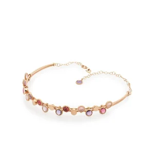 Твърдо колие, тип ''чокър'', от розово злато с цветни цирконии, 18,72гр.